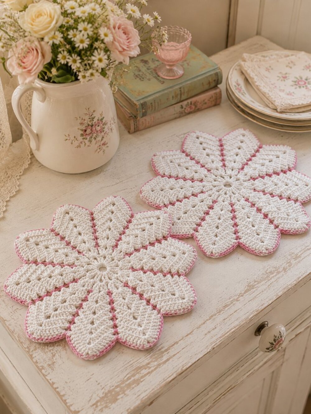 Vintage Hand Crocheted Cotton Flower Hot Pads Trivets Set of 2 Pink White 9.5"